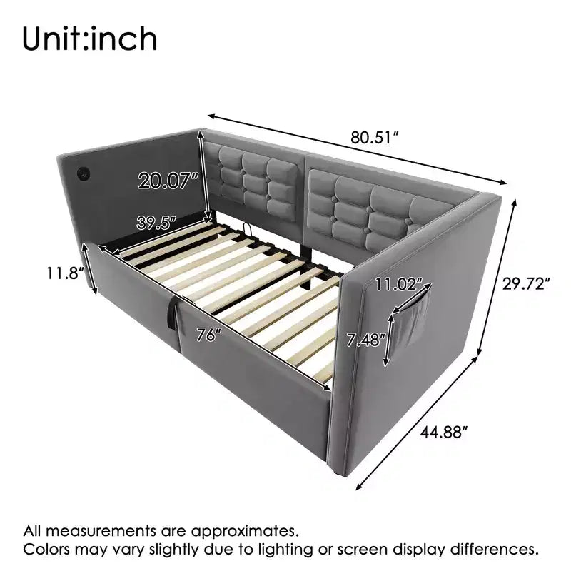 Cadre de lit moderne double Okak, canapé-lit avec USB et rangement dissimulé, lit de repos capitonné rembourré pour chambre, chambre d'enfant, bureau