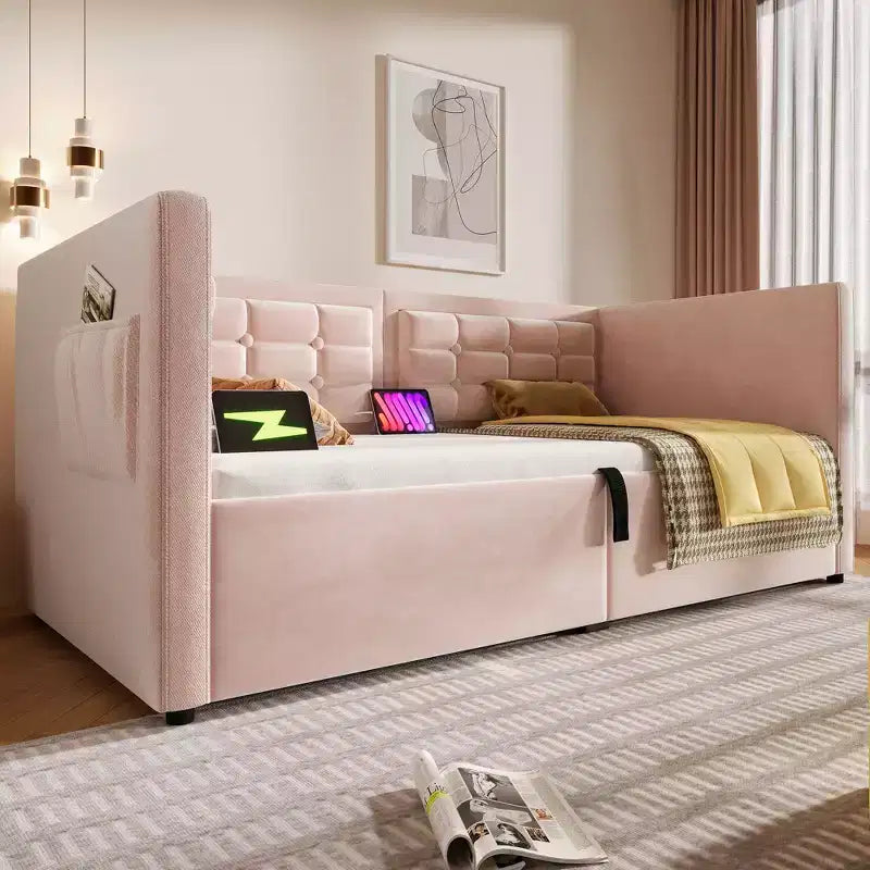 Cadre de lit moderne double Okak, canapé-lit avec USB et rangement dissimulé, lit de repos capitonné rembourré pour chambre, chambre d'enfant, bureau