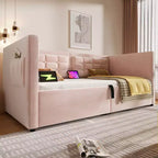 Cadre de lit moderne double Okak, canapé-lit avec USB et rangement dissimulé, lit de repos capitonné rembourré pour chambre, chambre d'enfant, bureau