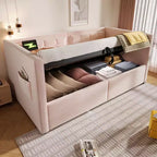 Cadre de lit moderne double Okak, canapé-lit avec USB et rangement dissimulé, lit de repos capitonné rembourré pour chambre, chambre d'enfant, bureau