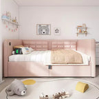 Cadre de lit moderne double Okak, canapé-lit avec USB et rangement dissimulé, lit de repos capitonné rembourré pour chambre, chambre d'enfant, bureau