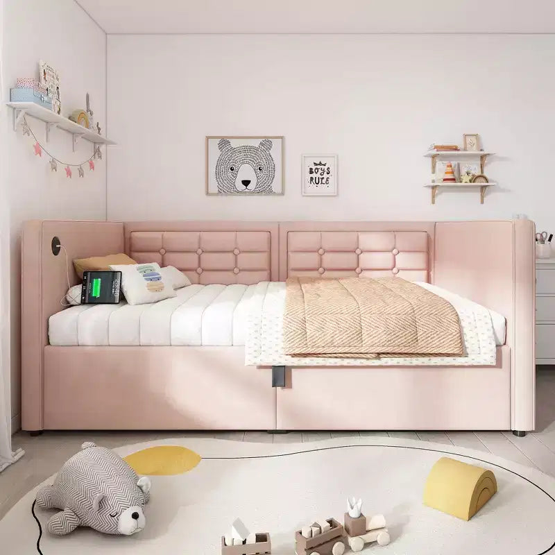 Cadre de lit moderne double Okak, canapé-lit avec USB et rangement dissimulé, lit de repos capitonné rembourré pour chambre, chambre d'enfant, bureau