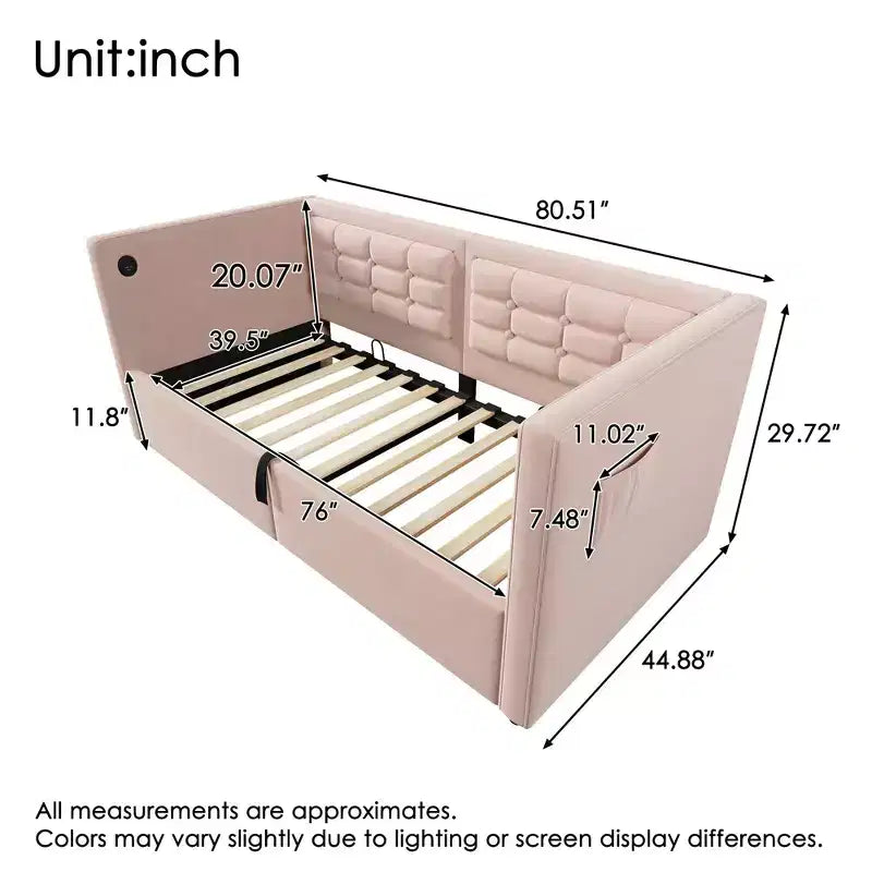 Cadre de lit moderne double Okak, canapé-lit avec USB et rangement dissimulé, lit de repos capitonné rembourré pour chambre, chambre d'enfant, bureau