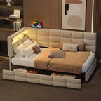 Cadre de lit moderne double Okak, canapé-lit avec USB et rangement dissimulé, lit de repos capitonné rembourré pour chambre, chambre d'enfant, bureau