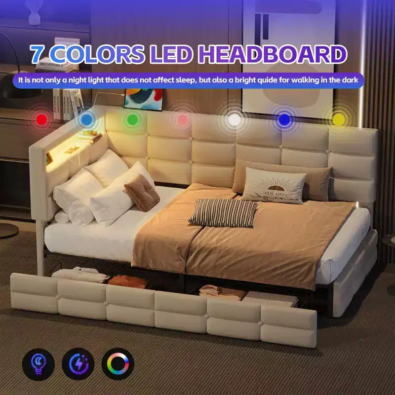 Cadre de lit moderne double Okak, canapé-lit avec USB et rangement dissimulé, lit de repos capitonné rembourré pour chambre, chambre d'enfant, bureau