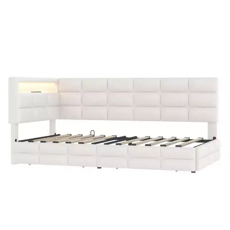 Cadre de lit moderne double Okak, canapé-lit avec USB et rangement dissimulé, lit de repos capitonné rembourré pour chambre, chambre d'enfant, bureau