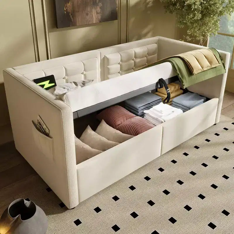 Cadre de lit moderne double Okak, canapé-lit avec USB et rangement dissimulé, lit de repos capitonné rembourré pour chambre, chambre d'enfant, bureau