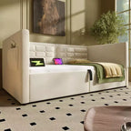 Cadre de lit moderne double Okak, canapé-lit avec USB et rangement dissimulé, lit de repos capitonné rembourré pour chambre, chambre d'enfant, bureau