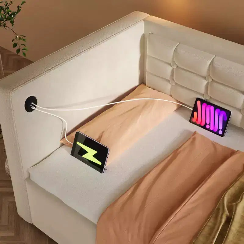 Cadre de lit moderne double Okak, canapé-lit avec USB et rangement dissimulé, lit de repos capitonné rembourré pour chambre, chambre d'enfant, bureau