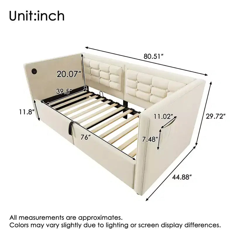 Cadre de lit moderne double Okak, canapé-lit avec USB et rangement dissimulé, lit de repos capitonné rembourré pour chambre, chambre d'enfant, bureau