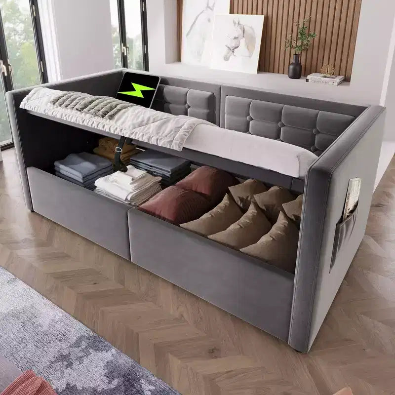 Cadre de lit moderne double Okak, canapé-lit avec USB et rangement dissimulé, lit de repos capitonné rembourré pour chambre, chambre d'enfant, bureau
