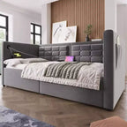 Cadre de lit moderne double Okak, canapé-lit avec USB et rangement dissimulé, lit de repos capitonné rembourré pour chambre, chambre d'enfant, bureau