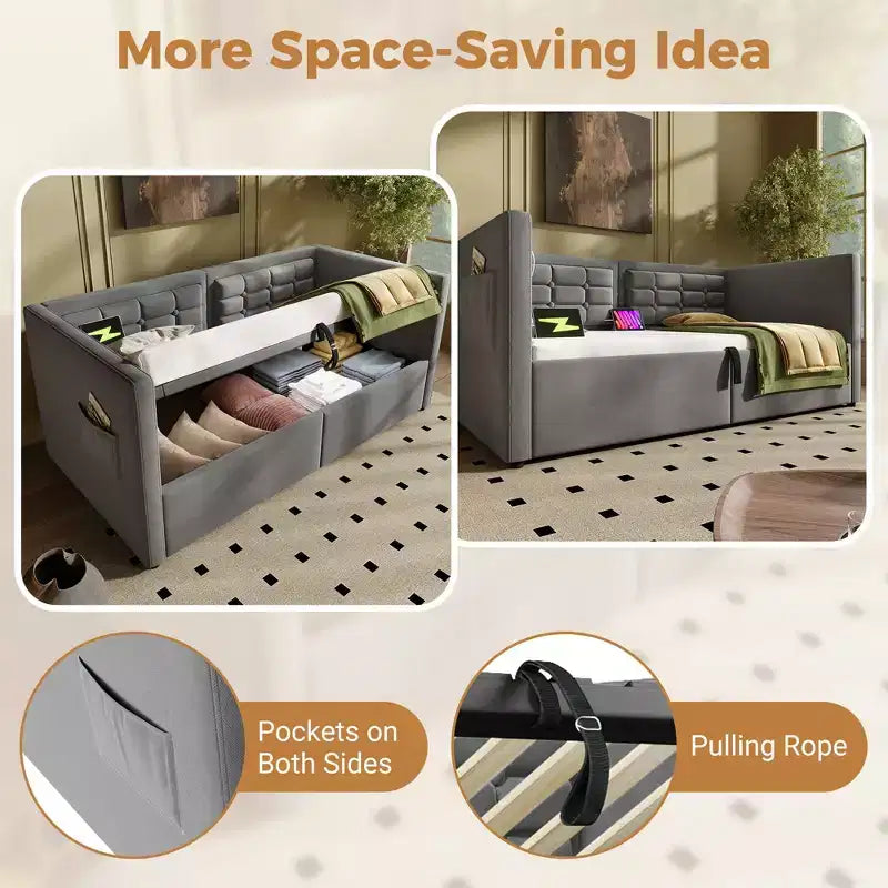 Cadre de lit moderne double Okak, canapé-lit avec USB et rangement dissimulé, lit de repos capitonné rembourré pour chambre, chambre d'enfant, bureau