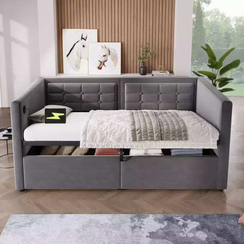 Cadre de lit moderne double Okak, canapé-lit avec USB et rangement dissimulé, lit de repos capitonné rembourré pour chambre, chambre d'enfant, bureau