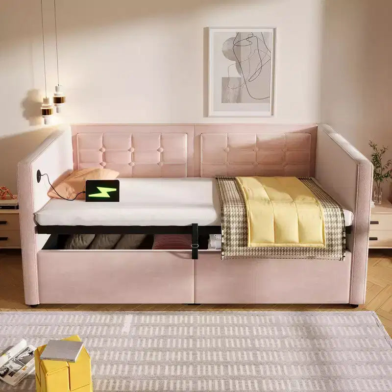 Cadre de lit moderne double Okak, canapé-lit avec USB et rangement dissimulé, lit de repos capitonné rembourré pour chambre, chambre d'enfant, bureau