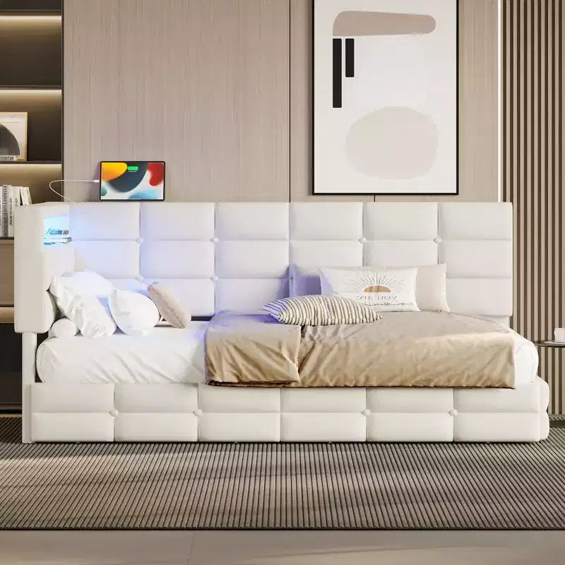 Cadre de lit moderne double Okak, canapé-lit avec USB et rangement dissimulé, lit de repos capitonné rembourré pour chambre, chambre d'enfant, bureau