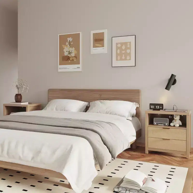 Table de chevet en chêne naturel avec station de recharge, table de chevet en bois à 2 tiroirs, étagère de rangement, meuble d'appoint de chambre à coucher moderne style ferme, table d'appoint.