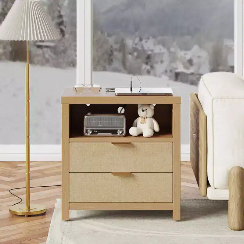 Table de chevet en chêne naturel avec station de recharge, table de chevet en bois à 2 tiroirs, étagère de rangement, meuble d'appoint de chambre à coucher moderne style ferme, table d'appoint.
