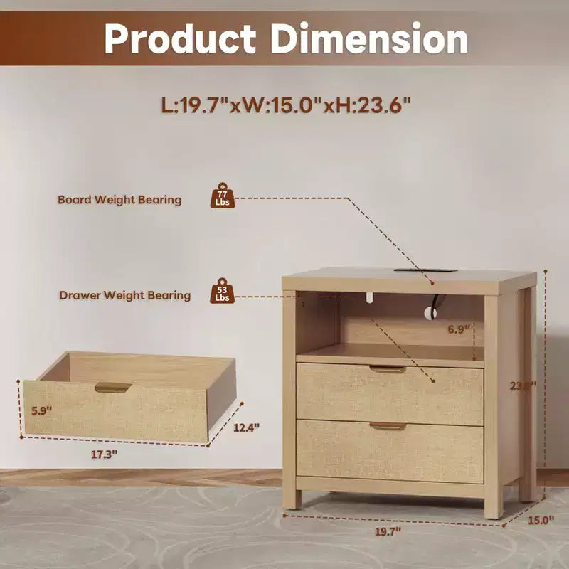 Table de chevet en chêne naturel avec station de recharge, table de chevet en bois à 2 tiroirs, étagère de rangement, meuble d'appoint de chambre à coucher moderne style ferme, table d'appoint.