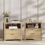 Table de chevet en chêne naturel avec station de recharge, table de chevet en bois à 2 tiroirs, étagère de rangement, meuble d'appoint de chambre à coucher moderne style ferme, table d'appoint.