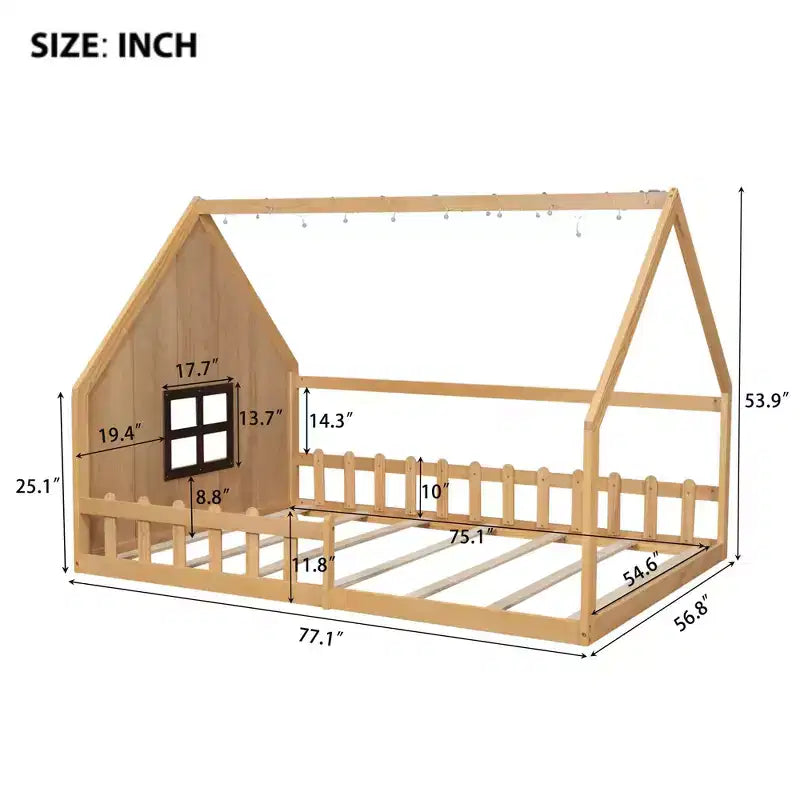 Lit cabane TUYOHW avec lumières LED, lit Montessori en pin massif avec support à lattes et garde-corps de sécurité, lit enfant bas taille double
