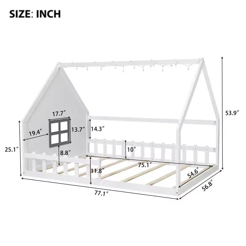 Lit cabane TUYOHW avec lumières LED, lit Montessori en pin massif avec support à lattes et garde-corps de sécurité, lit enfant bas taille double