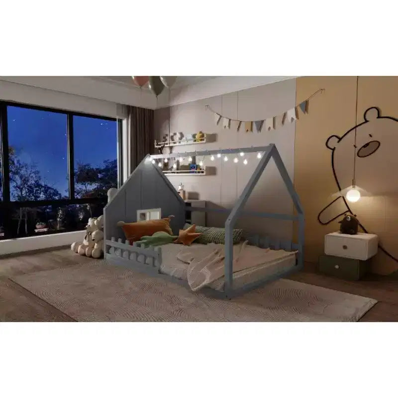 Lit cabane TUYOHW avec lumières LED, lit Montessori en pin massif avec support à lattes et garde-corps de sécurité, lit enfant bas taille double