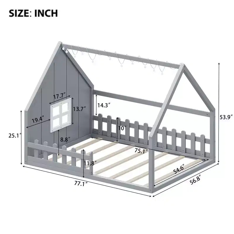 Lit cabane TUYOHW avec lumières LED, lit Montessori en pin massif avec support à lattes et garde-corps de sécurité, lit enfant bas taille double