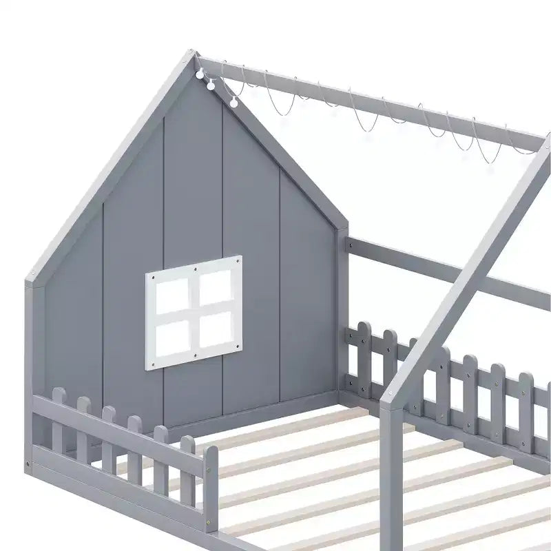 Lit cabane TUYOHW avec lumières LED, lit Montessori en pin massif avec support à lattes et garde-corps de sécurité, lit enfant bas taille double