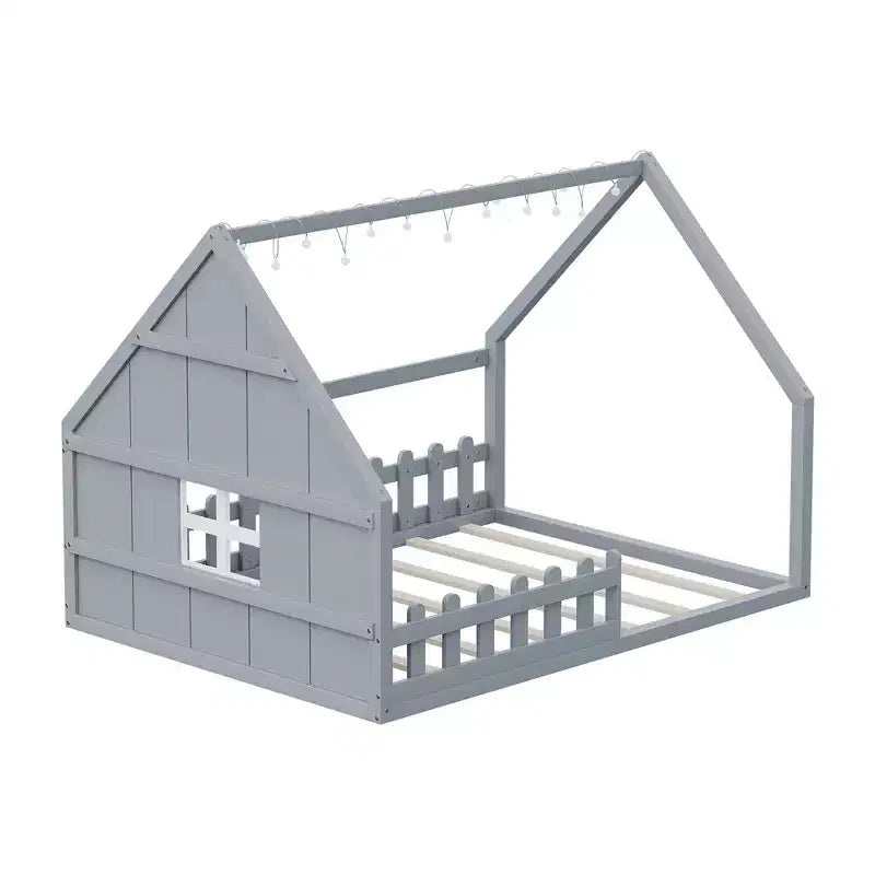 Lit cabane TUYOHW avec lumières LED, lit Montessori en pin massif avec support à lattes et garde-corps de sécurité, lit enfant bas taille double