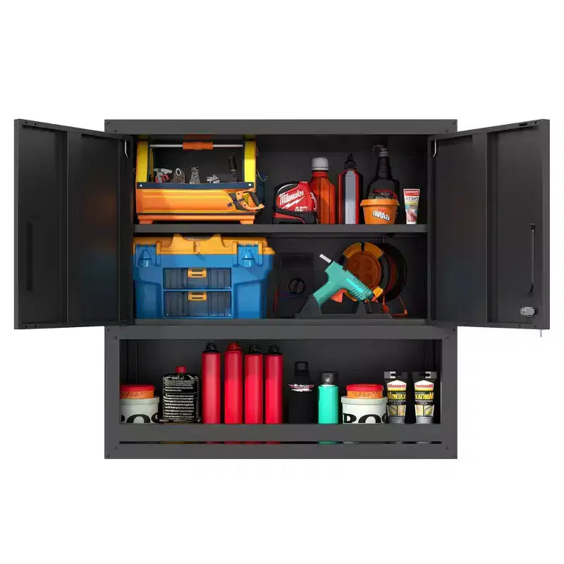 Armoire murale VIYET 30H en acier – Portes verrouillables + tiroir ouvert + étagère réglable, acier laminé à froid, garage/bureau/entrepôt/maison/école