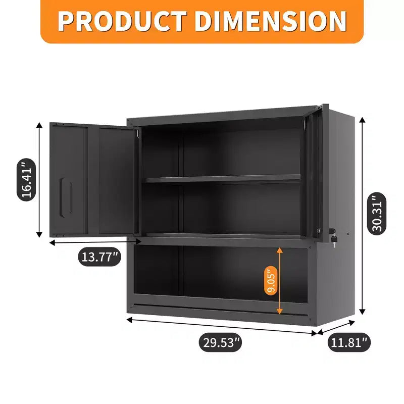 Armoire murale VIYET 30H en acier – Portes verrouillables + tiroir ouvert + étagère réglable, acier laminé à froid, garage/bureau/entrepôt/maison/école