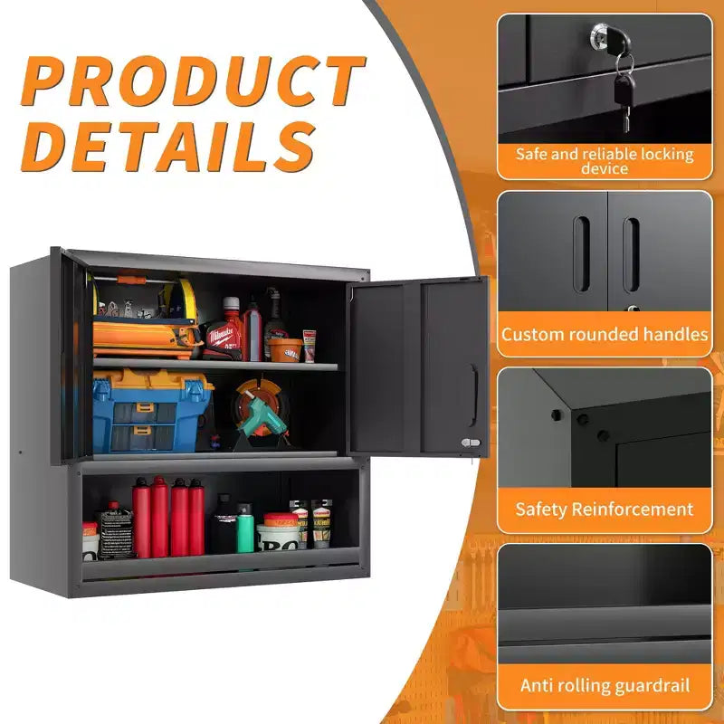 Armoire murale VIYET 30H en acier – Portes verrouillables + tiroir ouvert + étagère réglable, acier laminé à froid, garage/bureau/entrepôt/maison/école