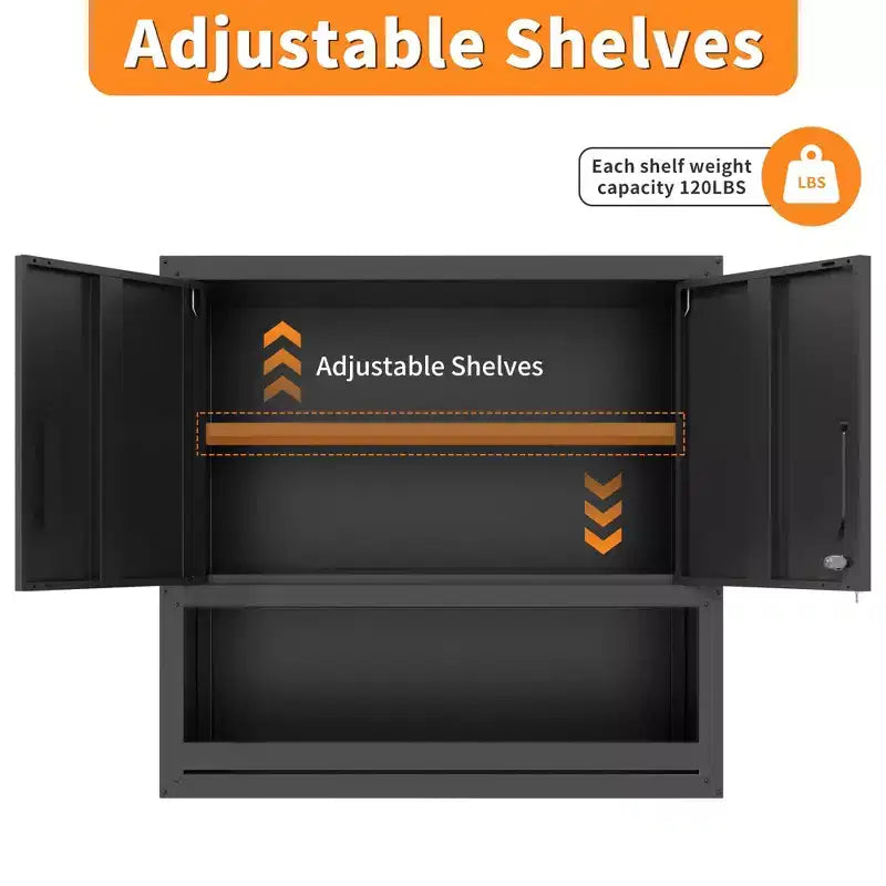 Armoire murale VIYET 30H en acier – Portes verrouillables + tiroir ouvert + étagère réglable, acier laminé à froid, garage/bureau/entrepôt/maison/école
