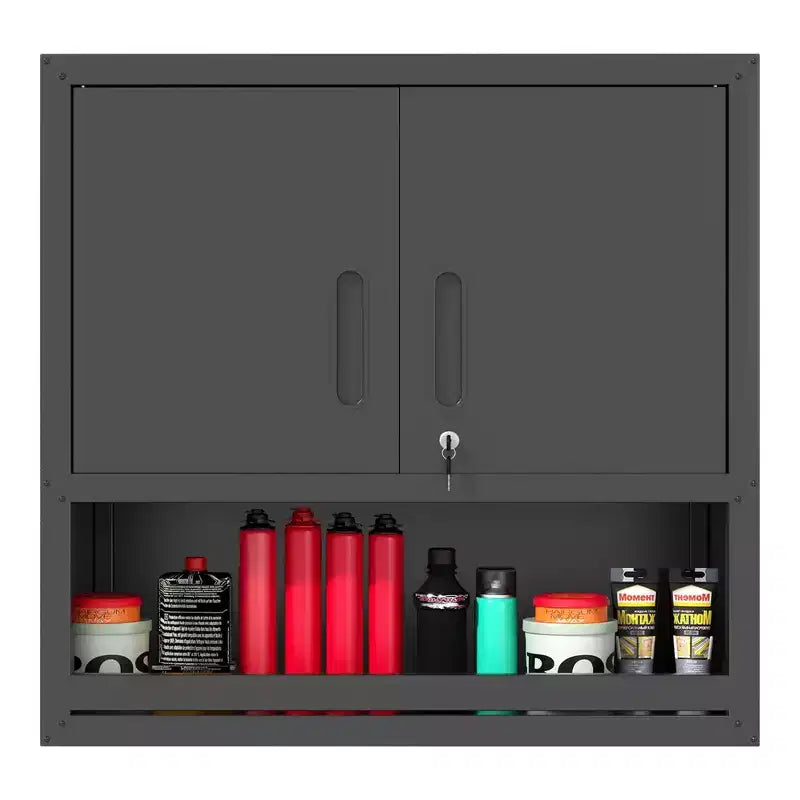 Armoire murale VIYET 30H en acier – Portes verrouillables + tiroir ouvert + étagère réglable, acier laminé à froid, garage/bureau/entrepôt/maison/école