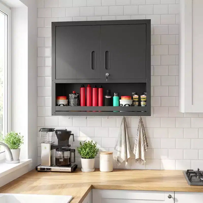 Armoire murale VIYET 30H en acier – Portes verrouillables + tiroir ouvert + étagère réglable, acier laminé à froid, garage/bureau/entrepôt/maison/école