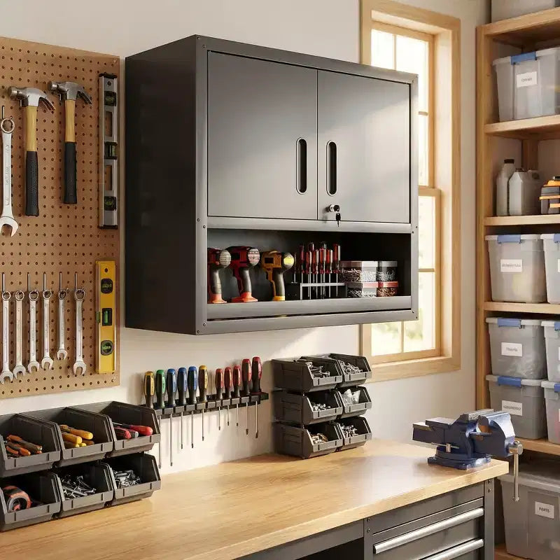 Armoire murale VIYET 30H en acier – Portes verrouillables + tiroir ouvert + étagère réglable, acier laminé à froid, garage/bureau/entrepôt/maison/école