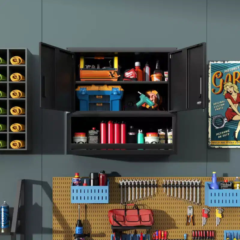 Armoire murale VIYET 30H en acier – Portes verrouillables + tiroir ouvert + étagère réglable, acier laminé à froid, garage/bureau/entrepôt/maison/école