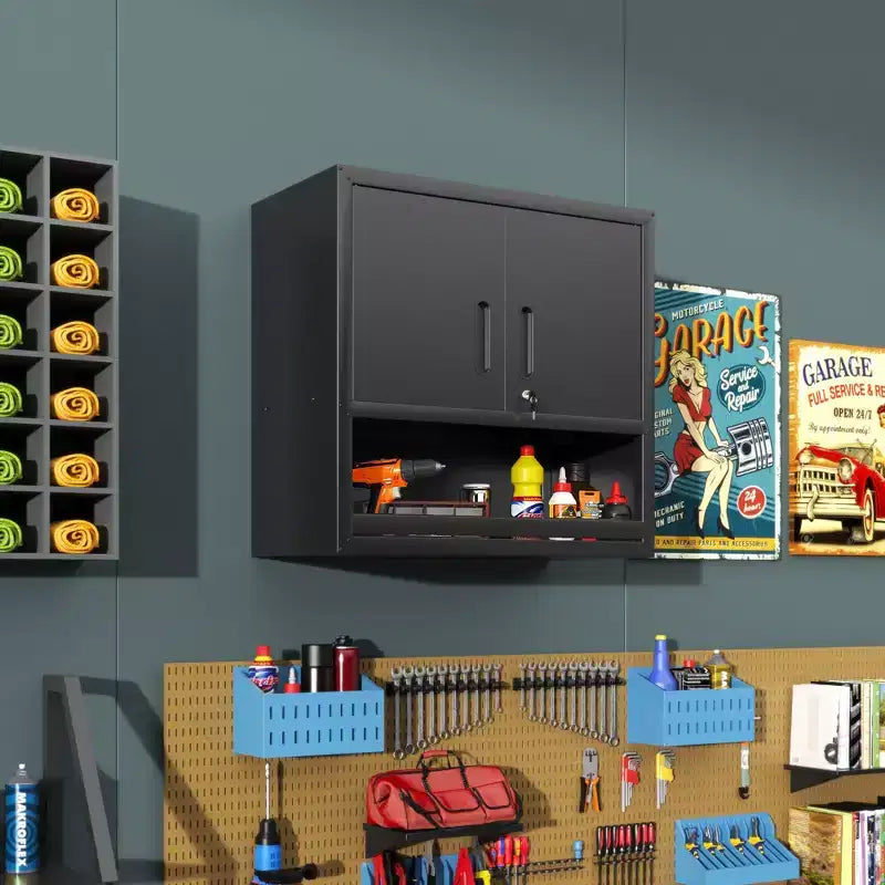 Armoire murale VIYET 30H en acier – Portes verrouillables + tiroir ouvert + étagère réglable, acier laminé à froid, garage/bureau/entrepôt/maison/école