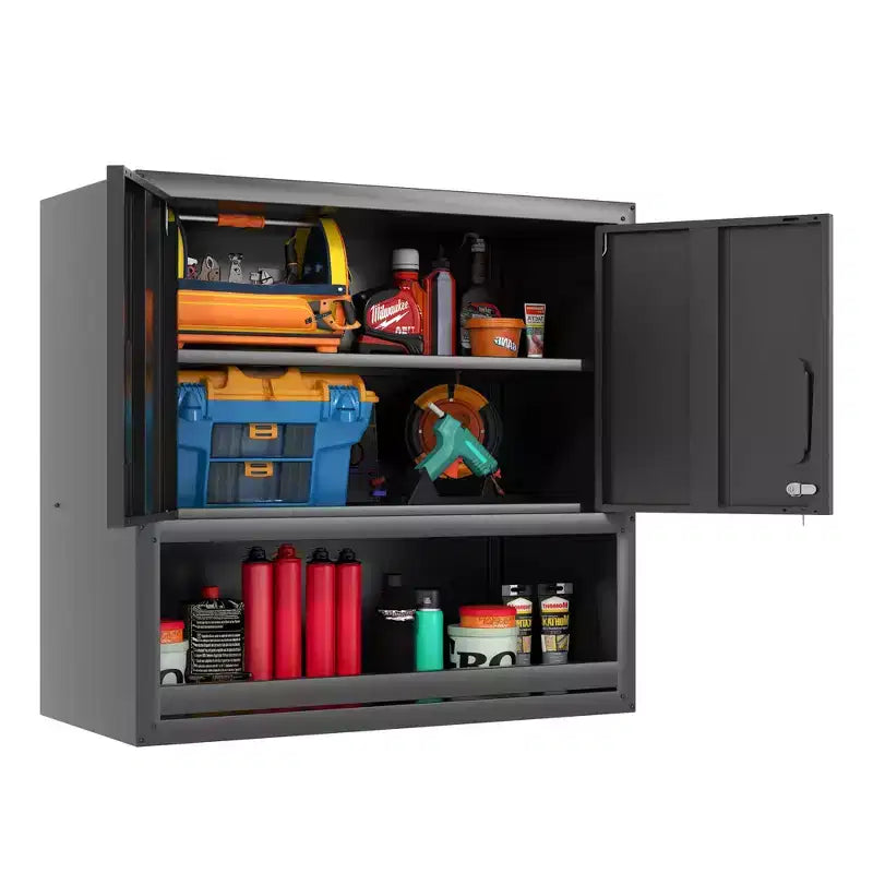 Armoire murale VIYET 30H en acier – Portes verrouillables + tiroir ouvert + étagère réglable, acier laminé à froid, garage/bureau/entrepôt/maison/école