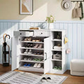 Shoe Storage Cabinet, Modern Farmhouse Shoe Rack Organizer with 6 Adjustable Shelves & 2 Drawers, Freestanding Entryway Cabinet for Mudroom, White