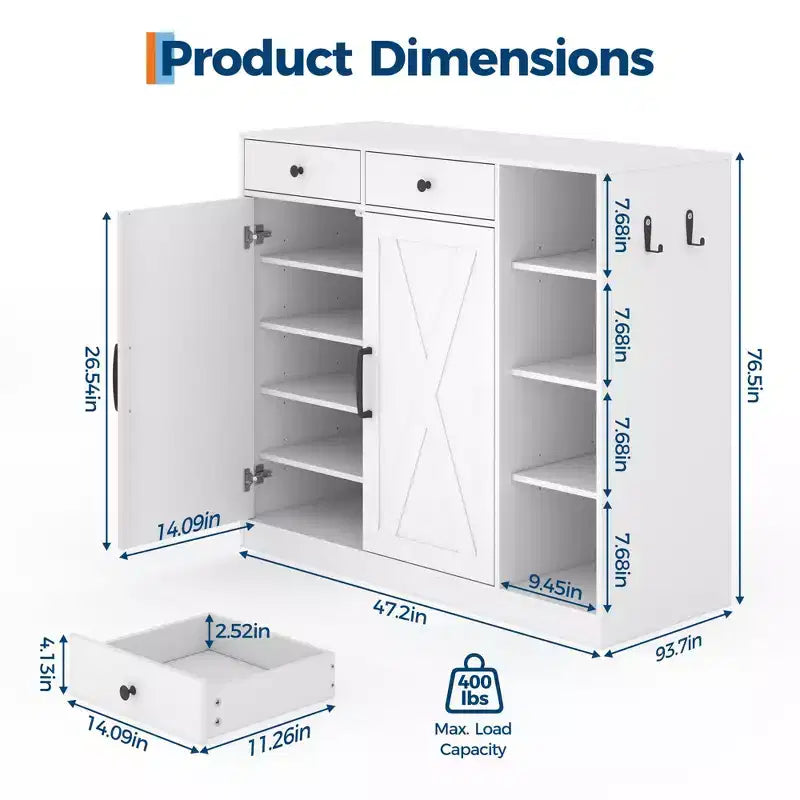 Meuble de rangement pour chaussures, organisateur de chaussures de style ferme moderne avec 6 étagères réglables et 2 tiroirs, meuble d'entrée autoportant pour buanderie, blanc