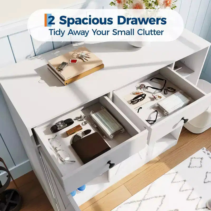 Meuble de rangement pour chaussures, organisateur de chaussures de style ferme moderne avec 6 étagères réglables et 2 tiroirs, meuble d'entrée autoportant pour buanderie, blanc