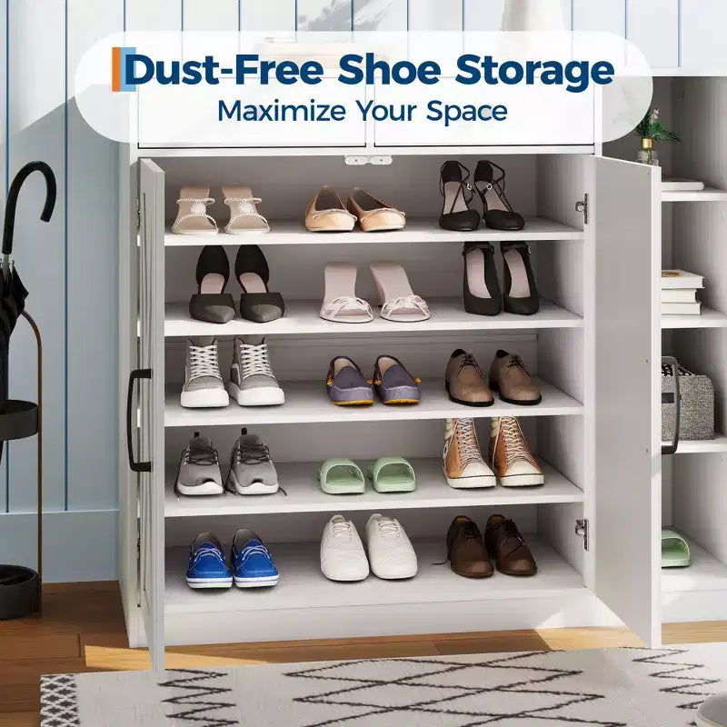 Meuble de rangement pour chaussures, organisateur de chaussures de style ferme moderne avec 6 étagères réglables et 2 tiroirs, meuble d'entrée autoportant pour buanderie, blanc