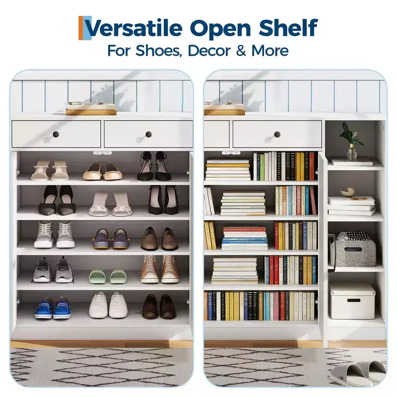 Meuble de rangement pour chaussures, organisateur de chaussures de style ferme moderne avec 6 étagères réglables et 2 tiroirs, meuble d'entrée autoportant pour buanderie, blanc