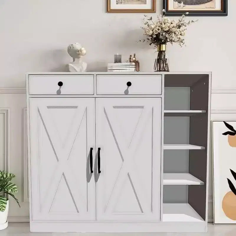 Meuble de rangement pour chaussures, organisateur de chaussures de style ferme moderne avec 6 étagères réglables et 2 tiroirs, meuble d'entrée autoportant pour buanderie, blanc