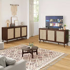 Buffet moderne Okak avec 3 portes en rotin, meuble de rangement à 5 pieds, garde-manger de cuisine pour salon, entrée, marron