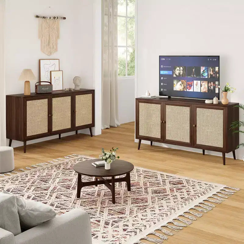 Buffet moderne Okak avec 3 portes en rotin, meuble de rangement à 5 pieds, garde-manger de cuisine pour salon, entrée, marron