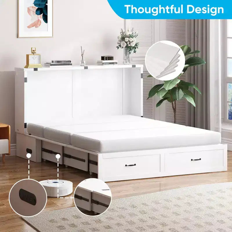 Lit escamotable Queen Size Mjkone avec rangement et recharge, matelas en option