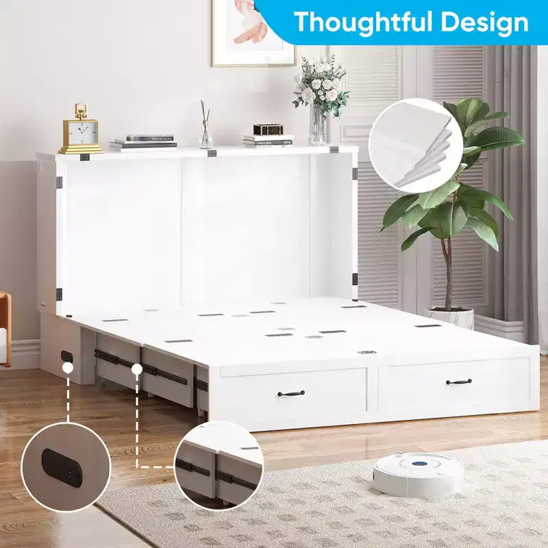 Lit escamotable Queen Size Mjkone avec rangement et recharge, matelas en option
